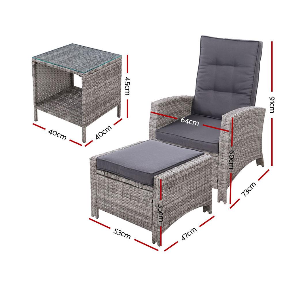 Sun Chair - Outdoor Recliner Chair Set With Table & Ottoman - Grey