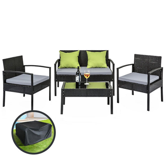4 Piece Outdoor Wicker Furniture Set With Cover - Black