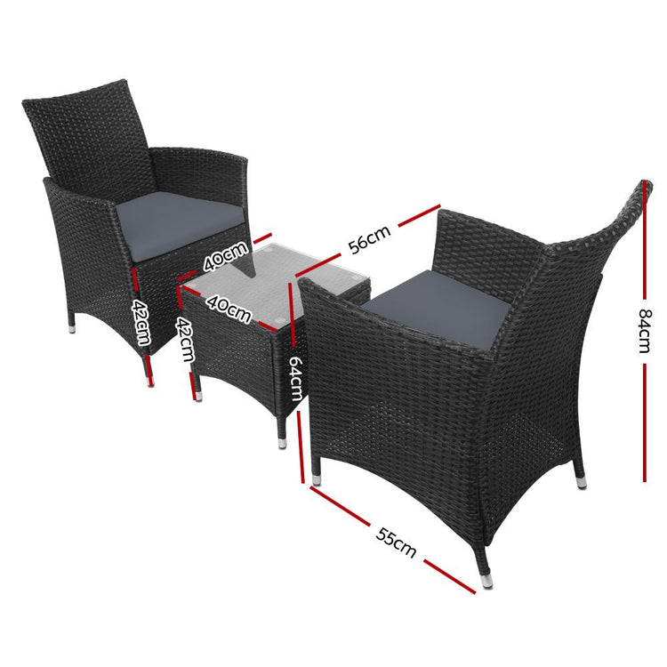 Balcony Set - 3 Piece Black Wicker Outdoor Furniture Set