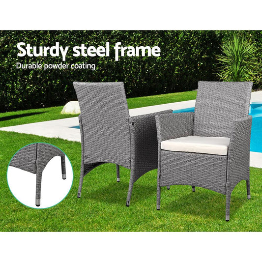 Balcony Set - 3 Piece Grey Wicker Outdoor Furniture Set
