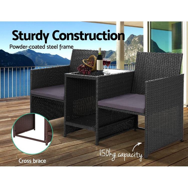 Balcony Set - Outdoor Setting Wicker Loveseat Birstro Set Patio Garden Furniture Black