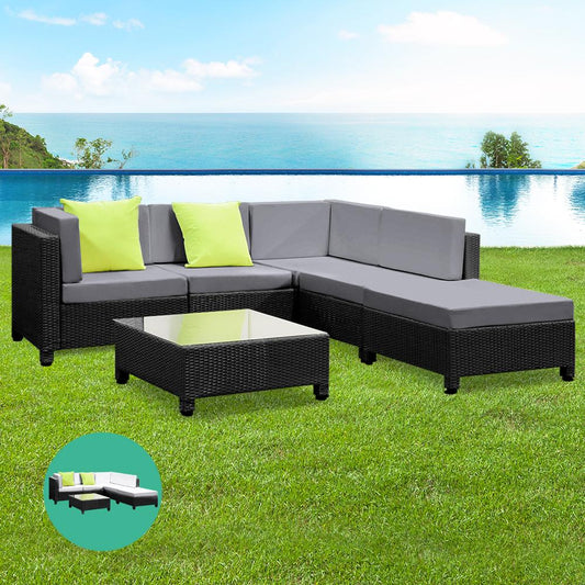 Lounge Set - 5 Seat Wicker Outdoor Lounge Chaise Set With Bonus Beige Cushion Covers