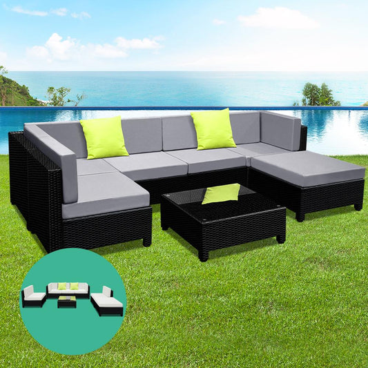 Lounge Set - 6 Seat Corner Wicker Outdoor Lounge Set With Bonus Beige Cushion Covers