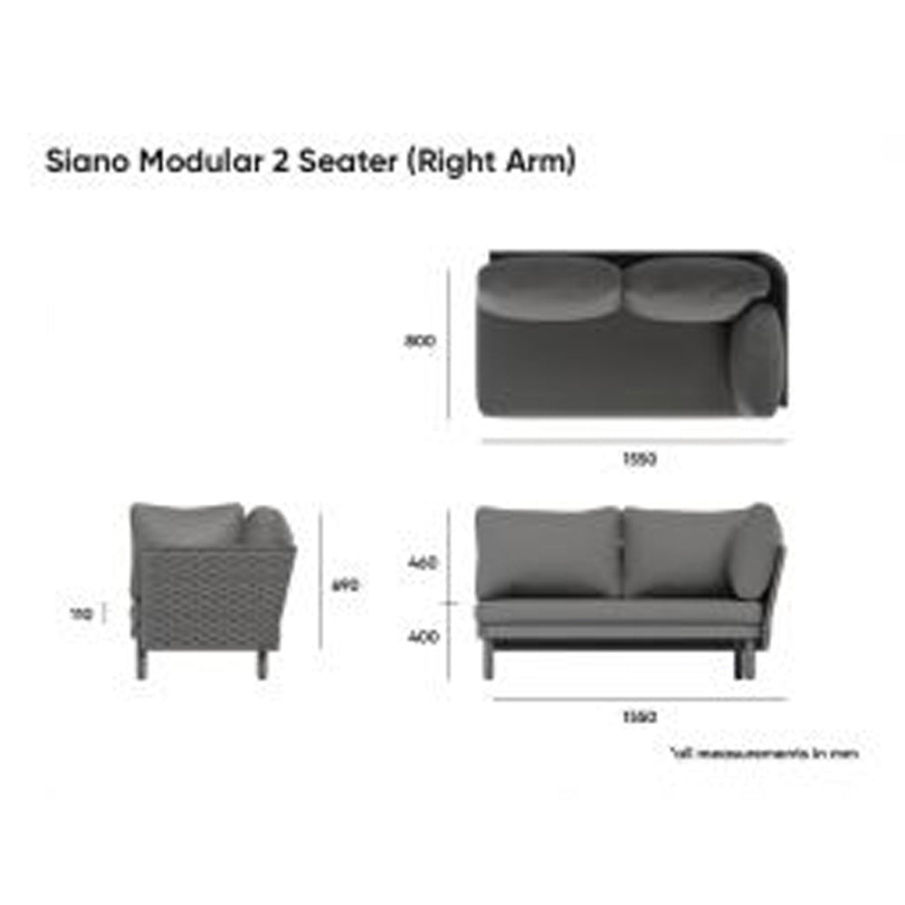 Outdoor Sofa - Kristi Modular Outdoor Right Arm 2 Seater - Charcoal / Dark Grey Cushion