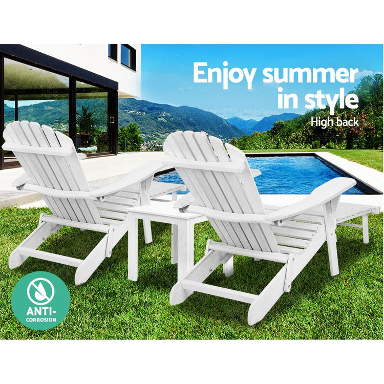 Sun Chair - 3 Piece Outdoor Adirondack Lounge Beach Chair Set - White