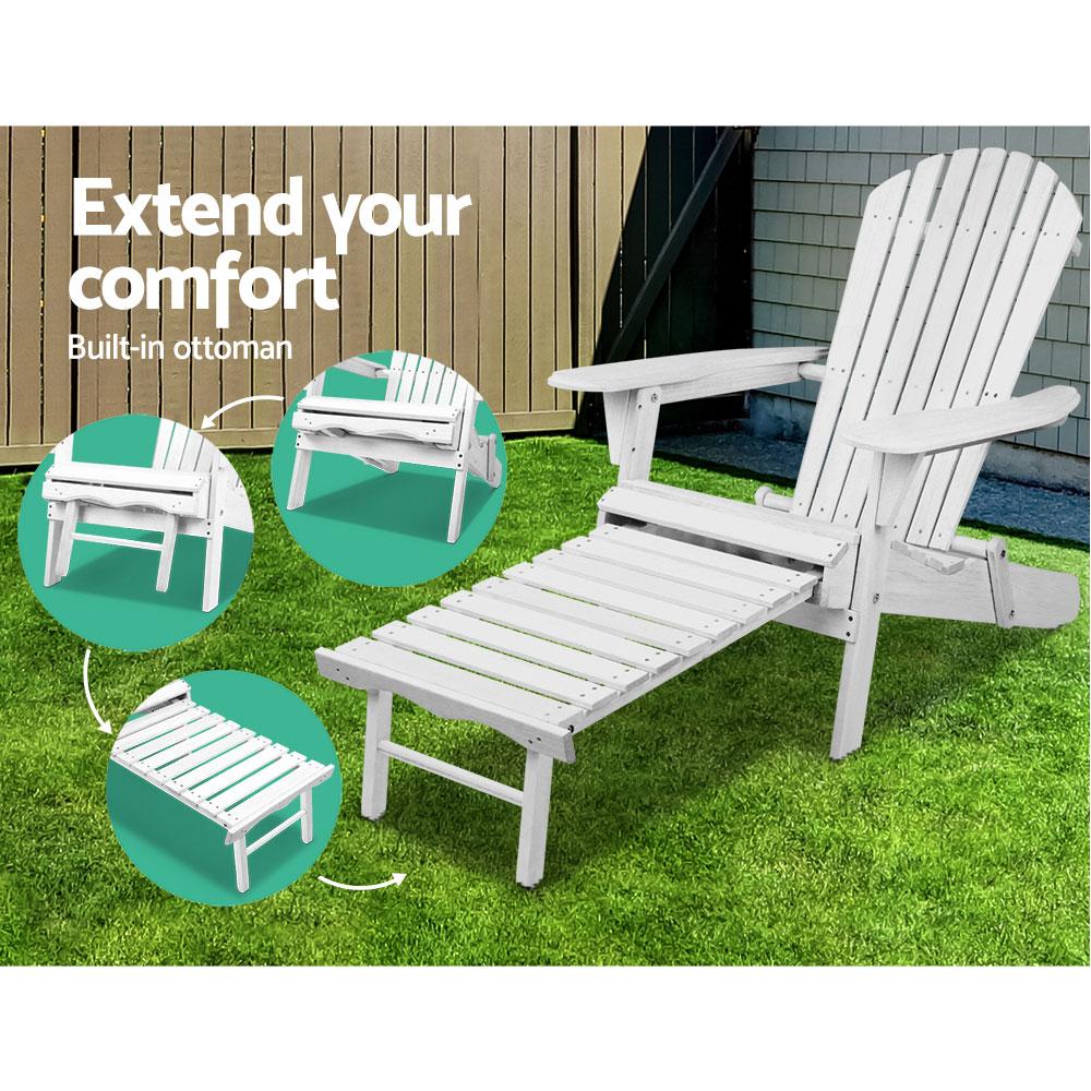 Sun Chair - 3 Piece Outdoor Adirondack Lounge Beach Chair Set - White