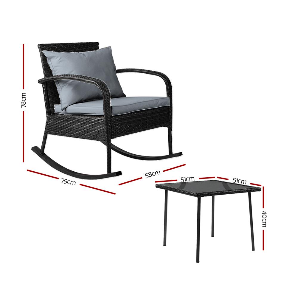 Sun Chair - Outdoor 3 Piece Outdoor Chair Rocking Set - Black