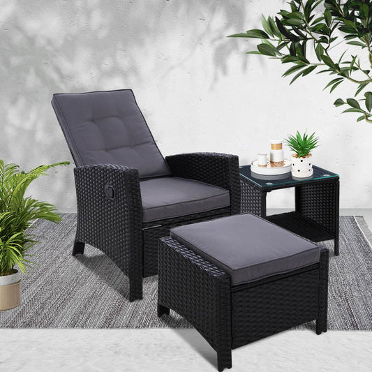 Sun Chair - Outdoor Recliner Chair Set With Table & Ottoman - Black