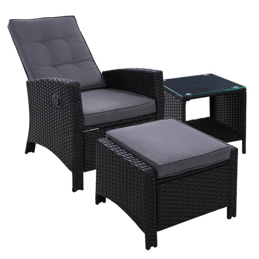 Sun Chair - Outdoor Recliner Chair Set With Table & Ottoman - Black