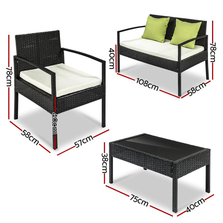 4 Piece Outdoor Wicker Furniture Set - Black