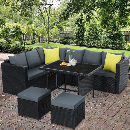 8 Seat Wicker Outdoor Lounge Setting with Storage Cover - Black & Grey