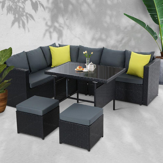 8 Seat Wicker Outdoor Lounge Setting with Storage Cover - Black & Grey