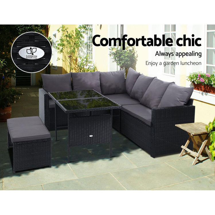 8 Seat Wicker Outdoor Lounge Setting - Black (With Bonus Storage Cover)