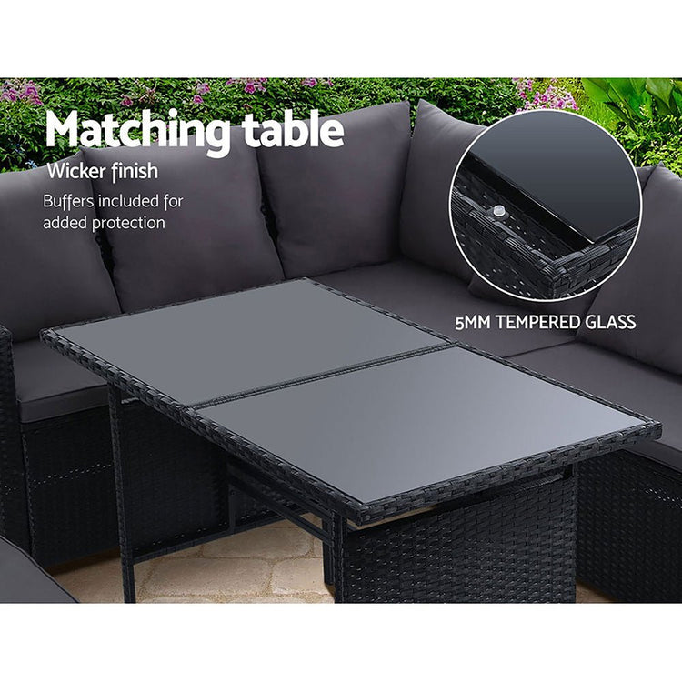 8 Seat Wicker Outdoor Lounge Setting - Black (With Bonus Storage Cover)