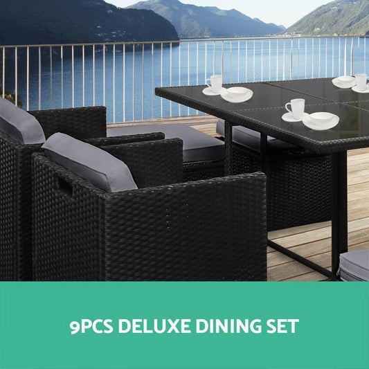 9 Piece Hawaii Series Wicker Outdoor Dining Set (Black & Grey)