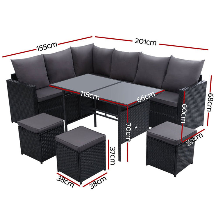 9 Seat Wicker Outdoor Lounge Setting - Black (With Bonus Storage Cover)