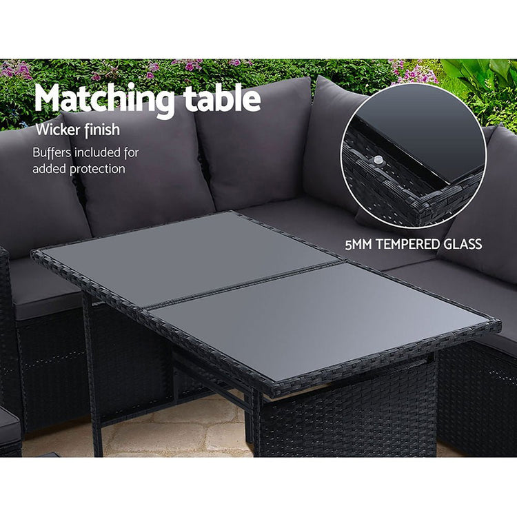 9 Seat Wicker Outdoor Lounge Setting - Black (With Bonus Storage Cover)