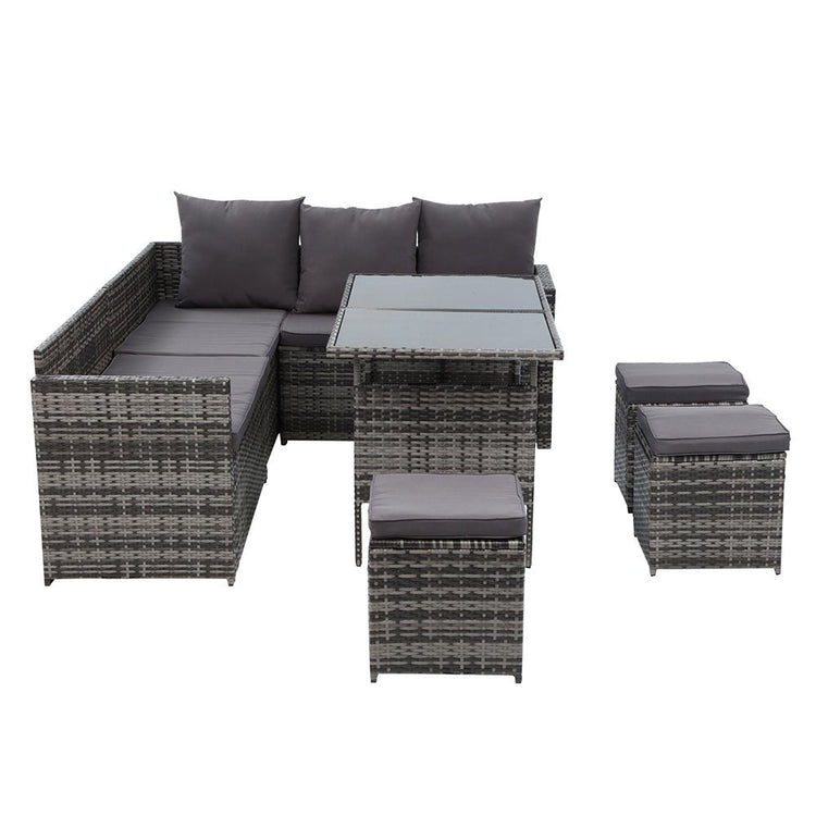 9 Seat Wicker Outdoor Lounge Setting - Mixed Grey (With Bonus Storage Cover)