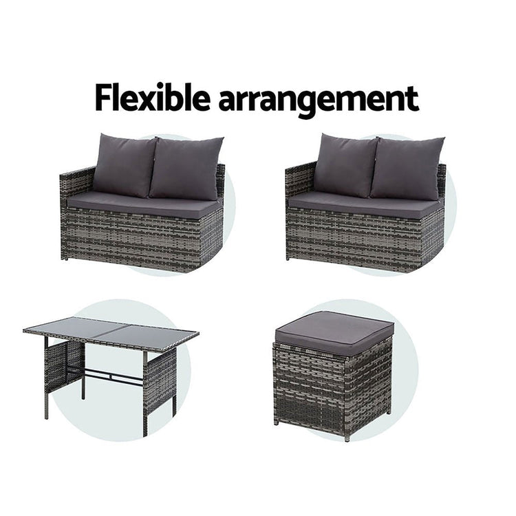 9 Seat Wicker Outdoor Lounge Setting - Mixed Grey (With Bonus Storage Cover)
