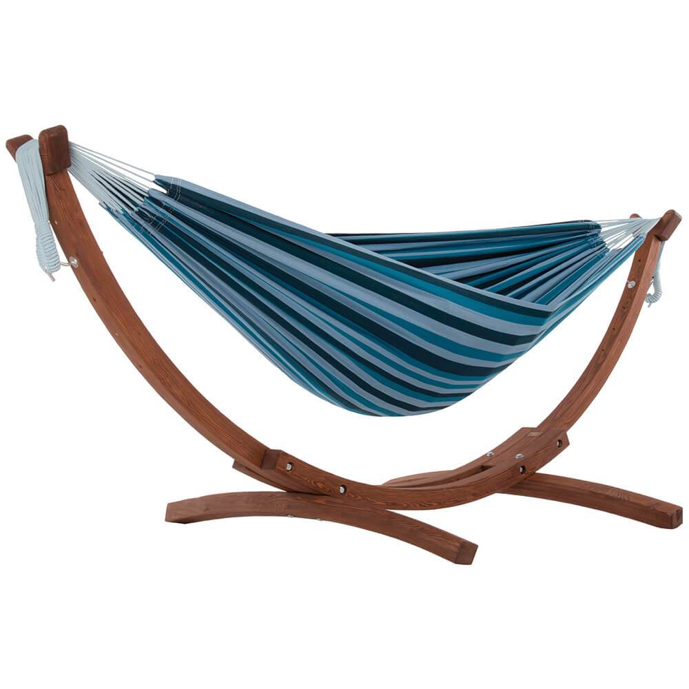 Hammocks - Double Cotton Hammock With Solid Pine Arc Stand  - Blue Lagoon (8ft)  (FSC Certified)