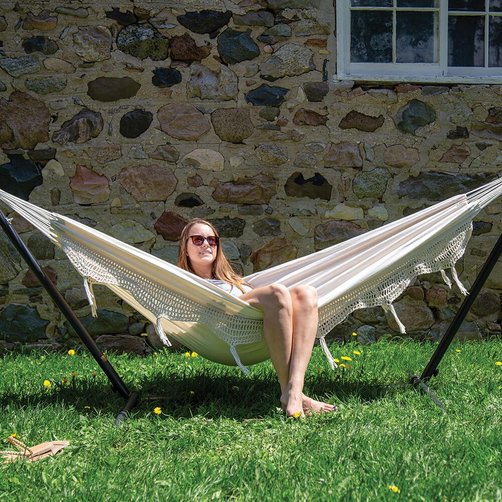 Hammocks - Vivere's Combo - Double Deluxe Natural With Fringe Hammock With Stand (8ft)