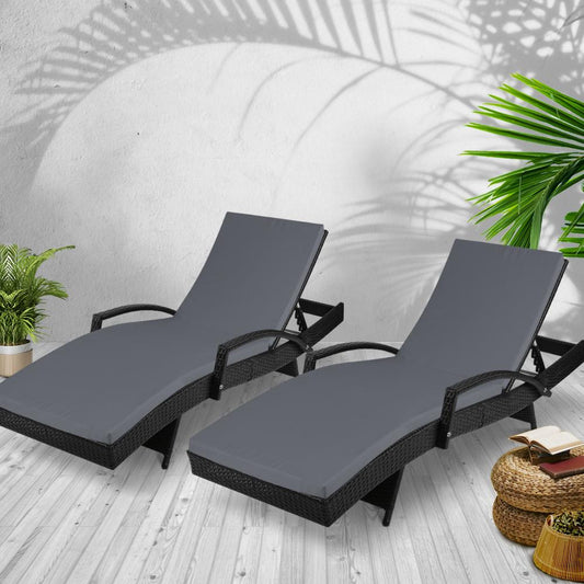 Twin Pack - Outdoor Sun Lounge Chairs with Cushions (Black)